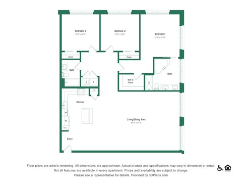Floor plan for 3 beds, 2 baths, 1731 sqft
